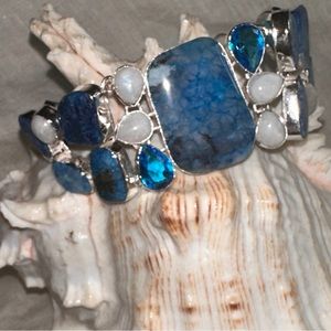 Blue Ocean Solar Agate + Moonstone + Blue Topaz cluster statement bracelet